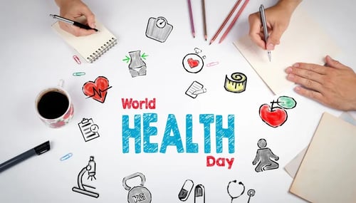 Illustration representing World Health Day, featuring a globe surrounded by diverse healthcare symbols and vibrant colors.