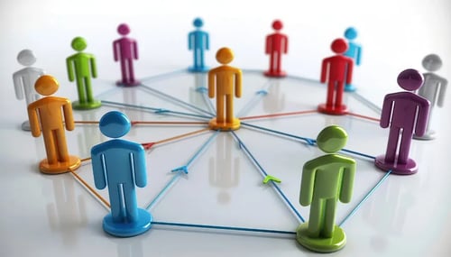 A diverse group of people interconnected by a digital network, symbolizing collaboration and communication.