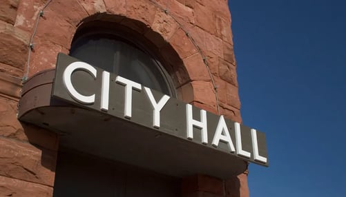 Brick building with city hall sign