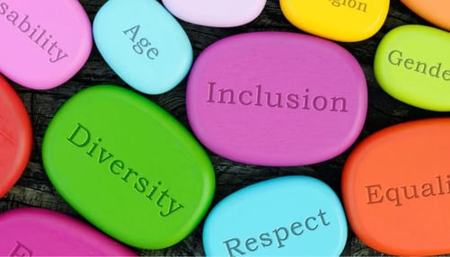 Inclusive words on colorful wooden stones.